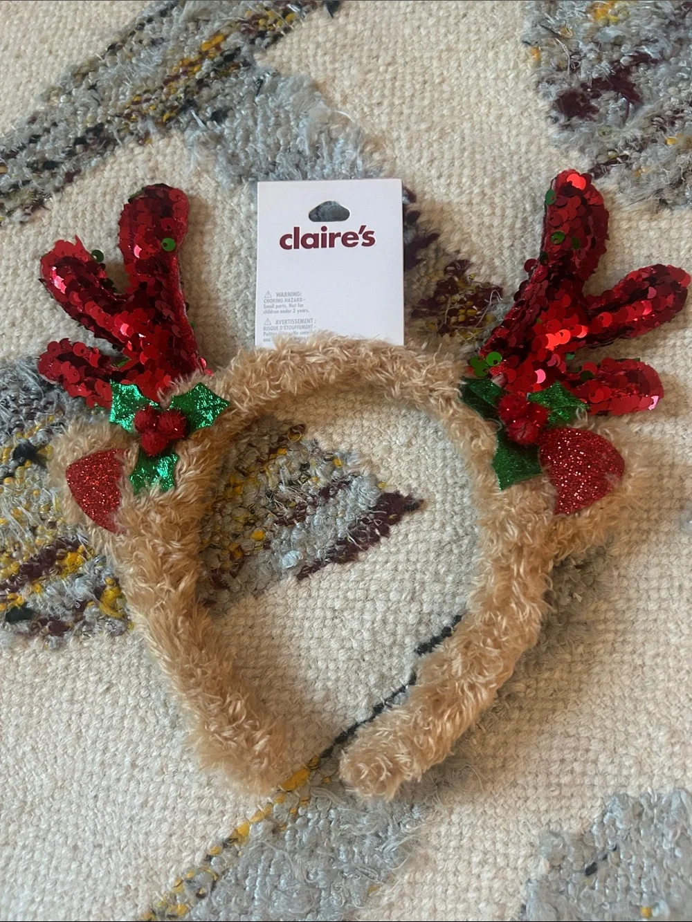 Claire's Red Sequin Reindeer Antler Headband with Tan Faux Fur